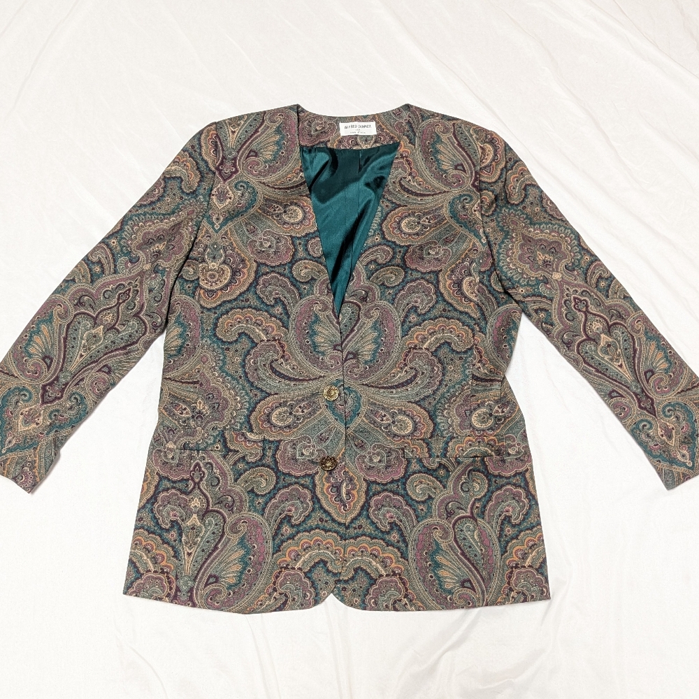 Vintage 70s/80s Long Line Hunter Green Boho Paisley 2 Button Suit Jacket Blazer